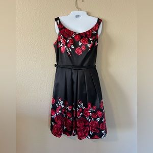 Black and red rose fit flare dress. White House Black Market. Size 10